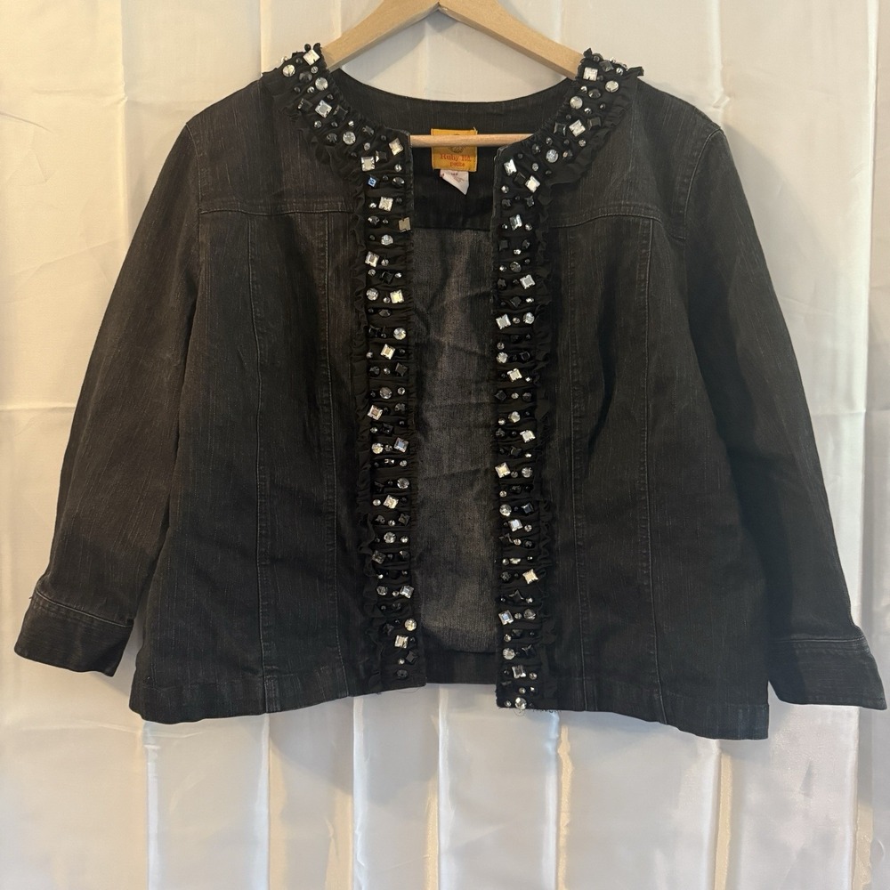 Ruby Rd Womens 14P Petite Stretch Black‎ Denim Jacket Ruffled Bling 3/4 Sleeve